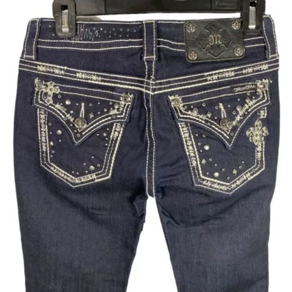 Miss Me Jeans Womens Size 26 dark wash capri Denim stitched fleur de lis Pockets - Image 2