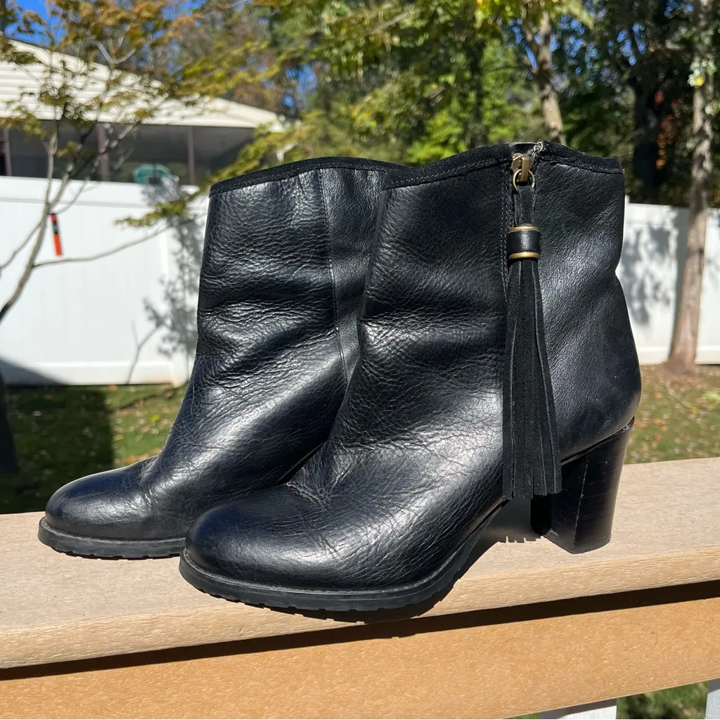 Lauren Ralph Lauren Black Leather Carah Ankle Boots Booties Suede Tassels Size 8 - Image 3