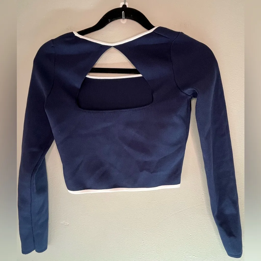 Sincerely Jules Navy Blue And White Long Sleeve Crop Top And Skirt Set Size XS - Image 3