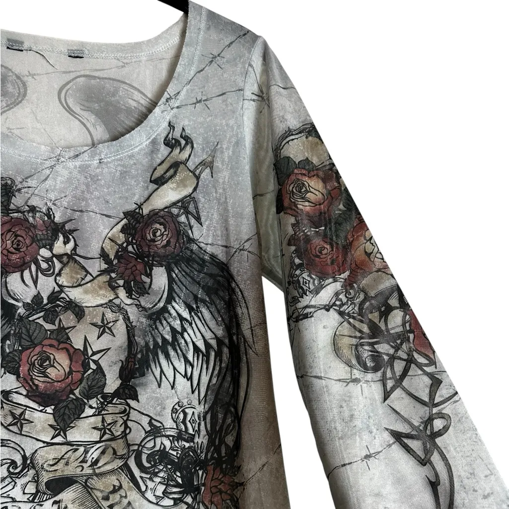 Womens Y2K Mesh T-Shirt Gray Cross Angel Wings Tattoo Sleeve Grunge Size Med - Image 4