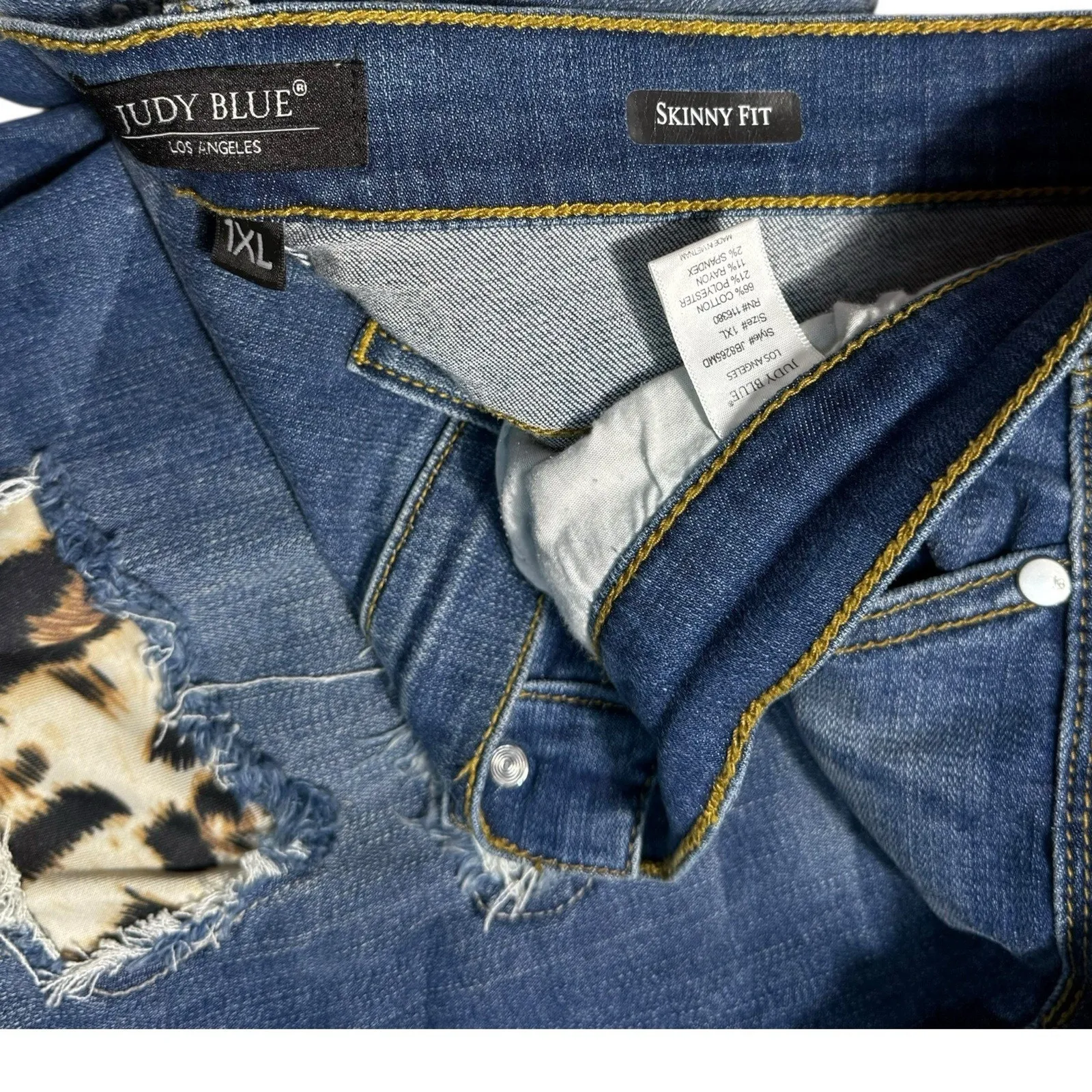 Judy Blue Jeans 1X Blue Skinny Fit Leopard Cheetah Patch Distressed JB8265MD - Image 4