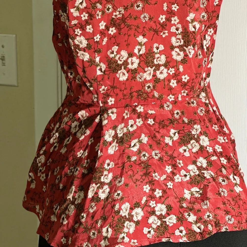 Zara Floral Print Tie Neck Button Front Peplum Blouse S - Image 5