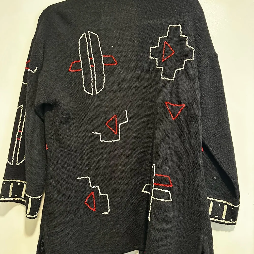 Women Sz: M Alpaca Wool Tribal Print Open Cardigan Peru Etnico Aztec Boho Ethnic Black Size M - Image 12