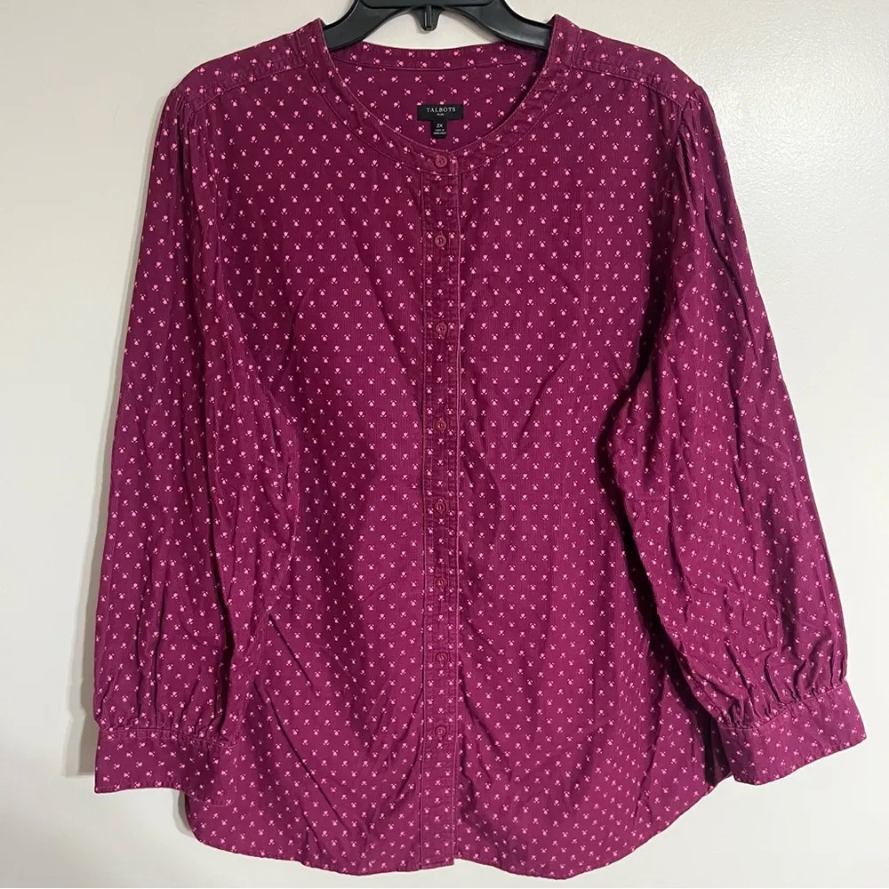 Women’s Talbots Corduroy Band Collar‎ Ditsy Floral Shirt Size 2XL Button Down - Image 2