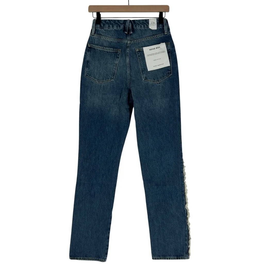 Good American Good Boy Side Fray High Rise Medium Wash Blue Straight Leg Jeans 0 - Image 4