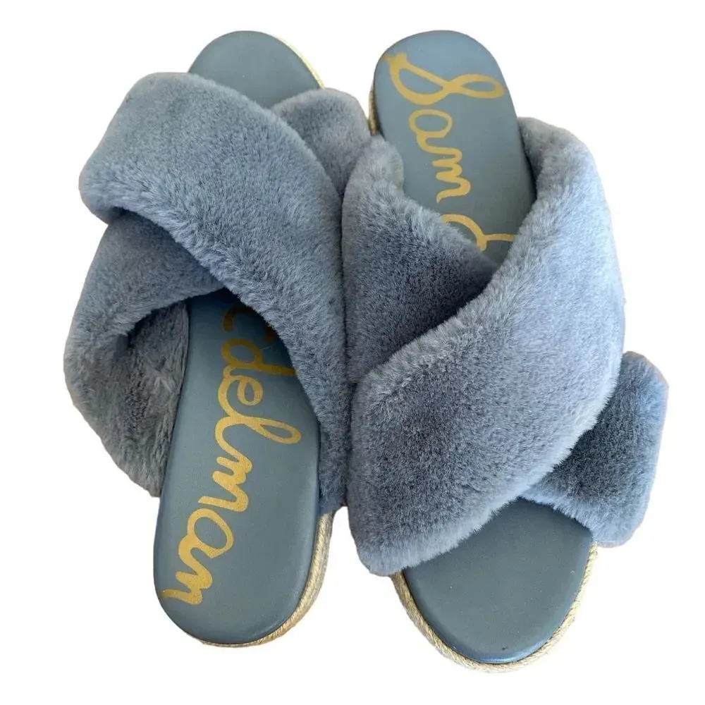 SAM EDELMAN Zia Faux Fur Espadrille Platform Sandals Powder Blue Size 10 - Image 2