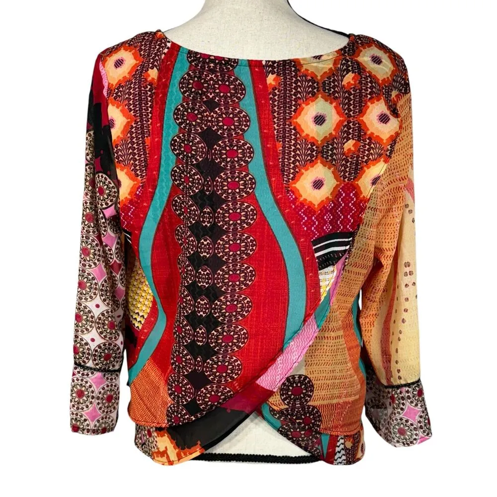 Patrons of Peace Large Top 3/4 Bell Sleeve Layered Round Neck Geometric Boho - Image 5