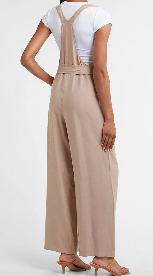 Tan Wide Leg Tie Waist Overalls Jumpsuit - Image 3