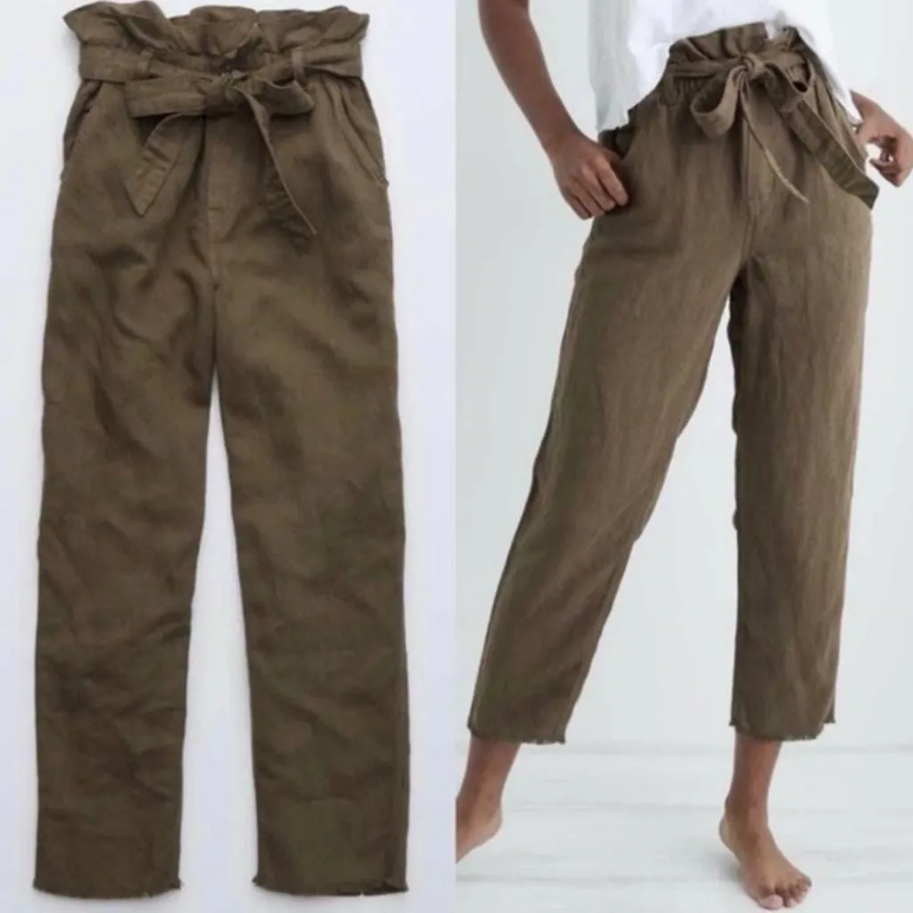 AERIE Linen Paper Bag Waist High Rise Pull On Pants Olive Green Size M - NO BELT - Image 2