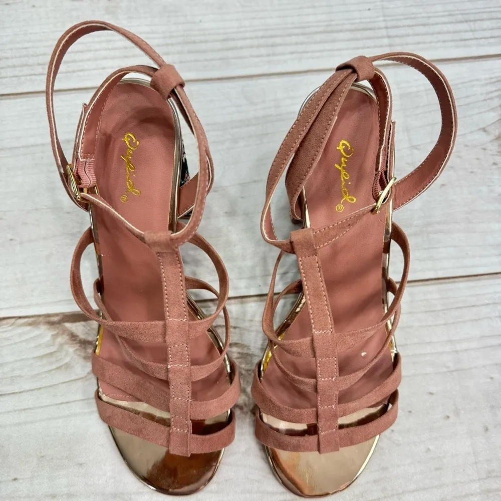 Mauve Faux Suede Strappy Sandals Embroidered Block Heels Qupid Pin Up Coquette - Image 4