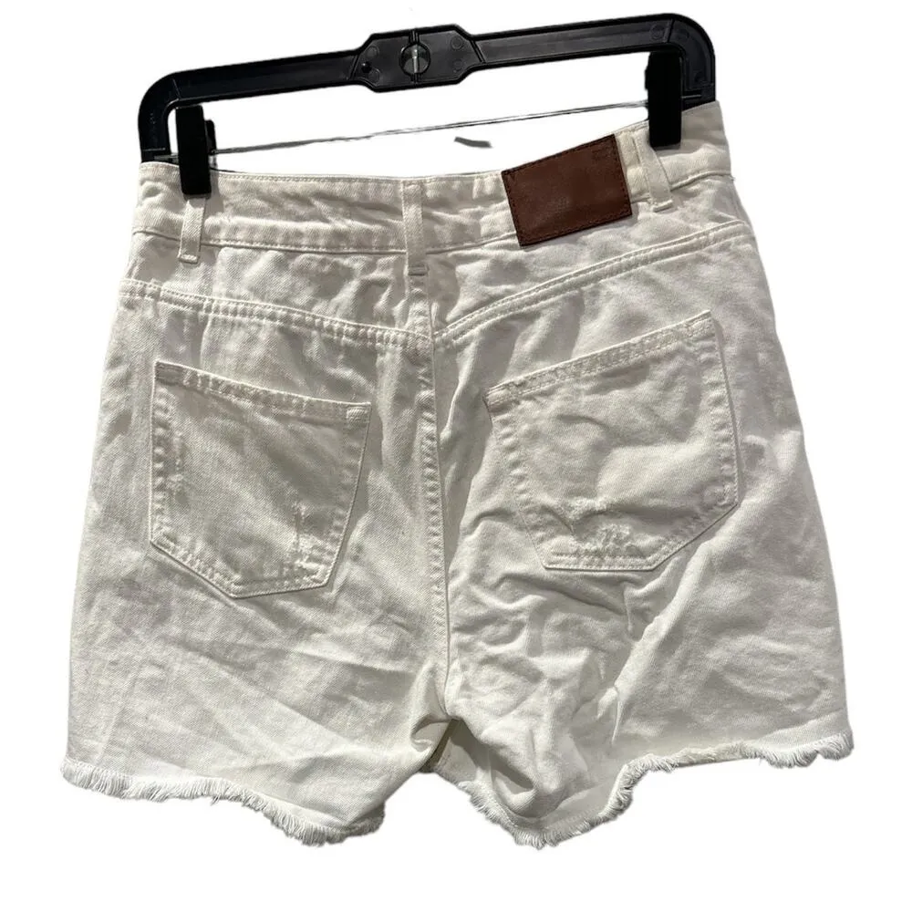 ZARA Women's White Relaxed Fit High-Rise Distressed Denim Shorts Sz 6 - Image 2