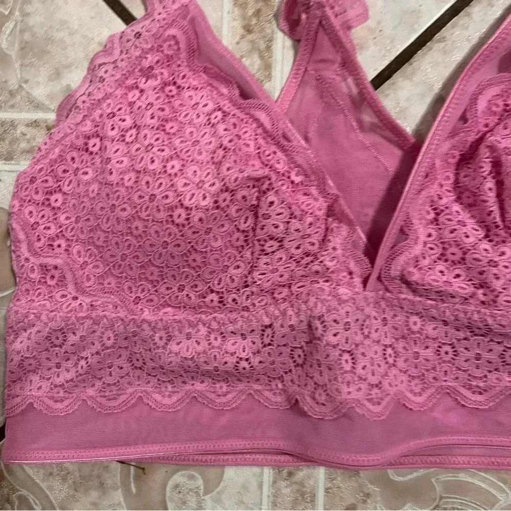AE Aerie Pink Lace Wireless Bralette Pink Floral Crop Top Sheer Mesh Small - Image 3