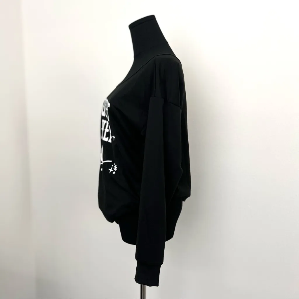 “Frequent Flyer” Halloween Off the Shoulder Pullover Tops in Size S Black - Image 2