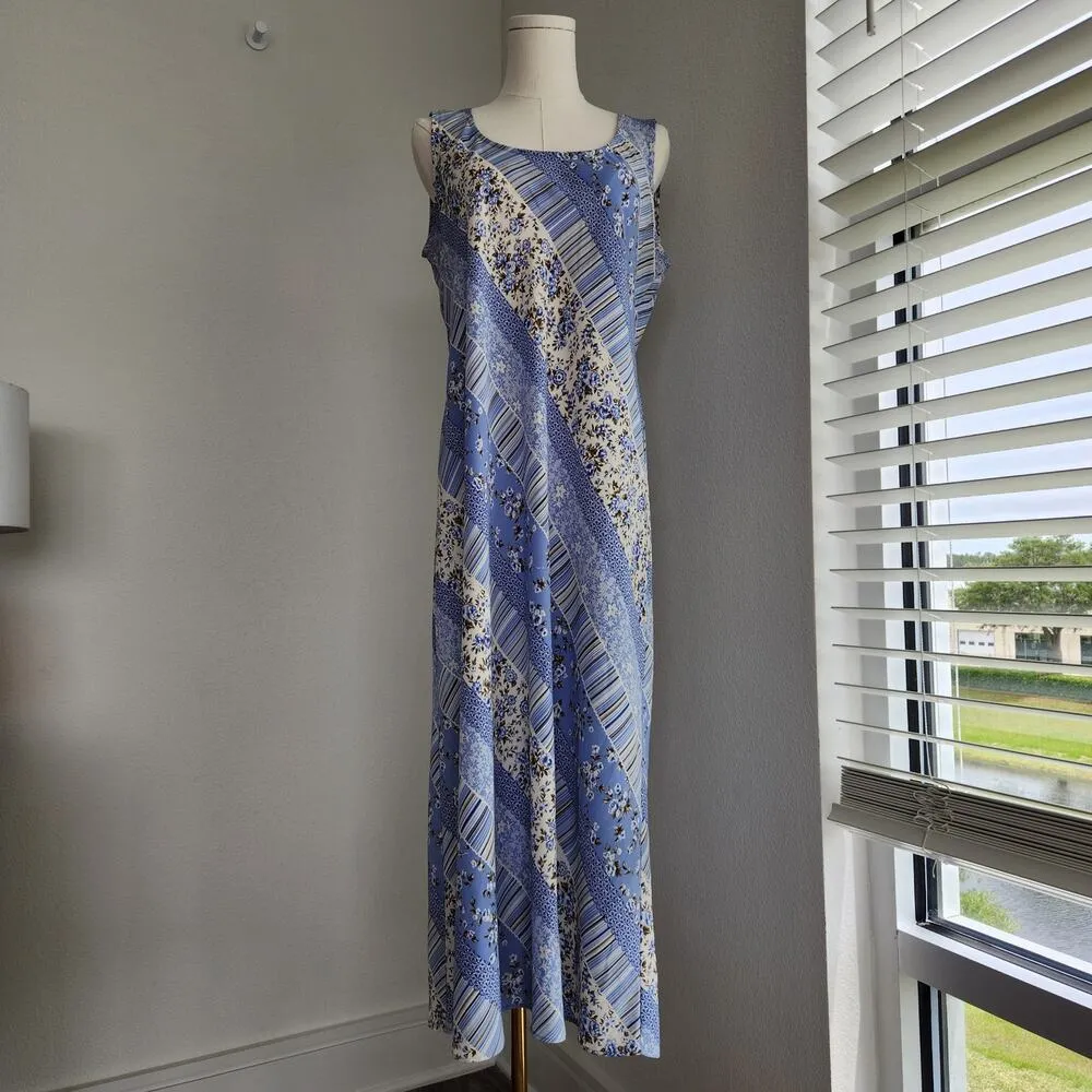 Vintage Dressbarn Blue Floral Diagonal Striped Sheath Sleeveless Maxi Dress M - Image 11