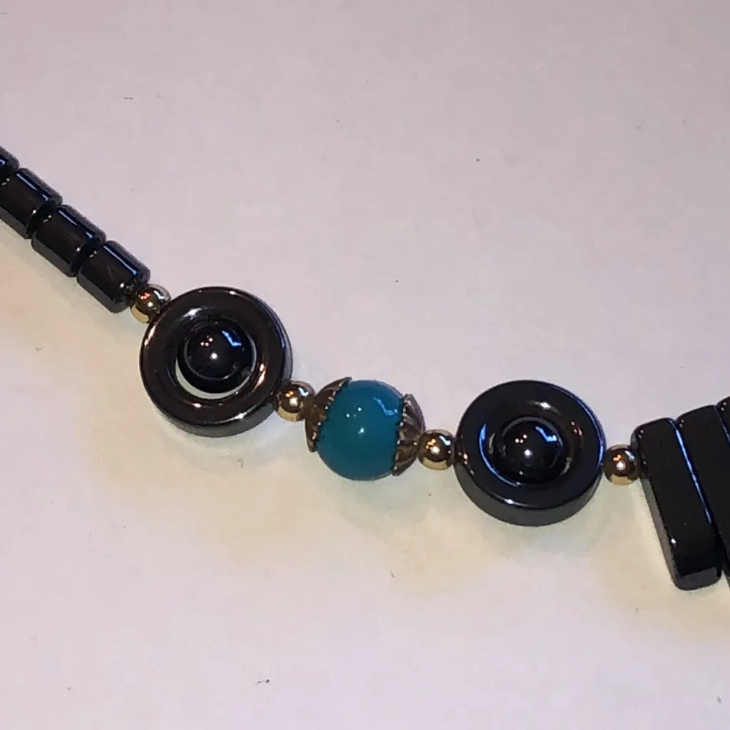 Elegant Metallic Black Hematite and Turquoise Color Beaded Boho Necklace - Image 5