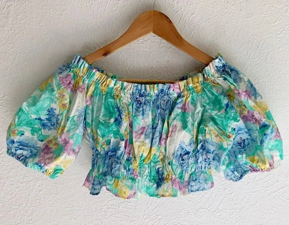 Zara Off Shoulder Puff Sleeve Cropped Top Pastel Floral Cotton Poplin Sz Large - Image 4