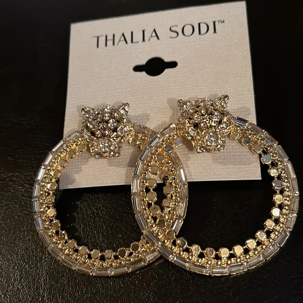 New Thalia Sodi Panther Gold & Crystal Hoops w Baguettes & Disks - Image 2