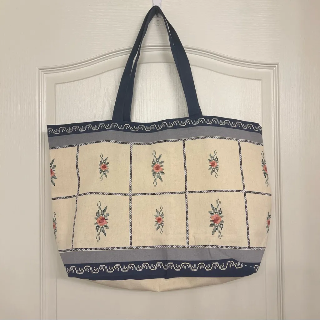 New Sezane Baziszt Floral Canvas Tote Bag Blue and Cream - Image 5