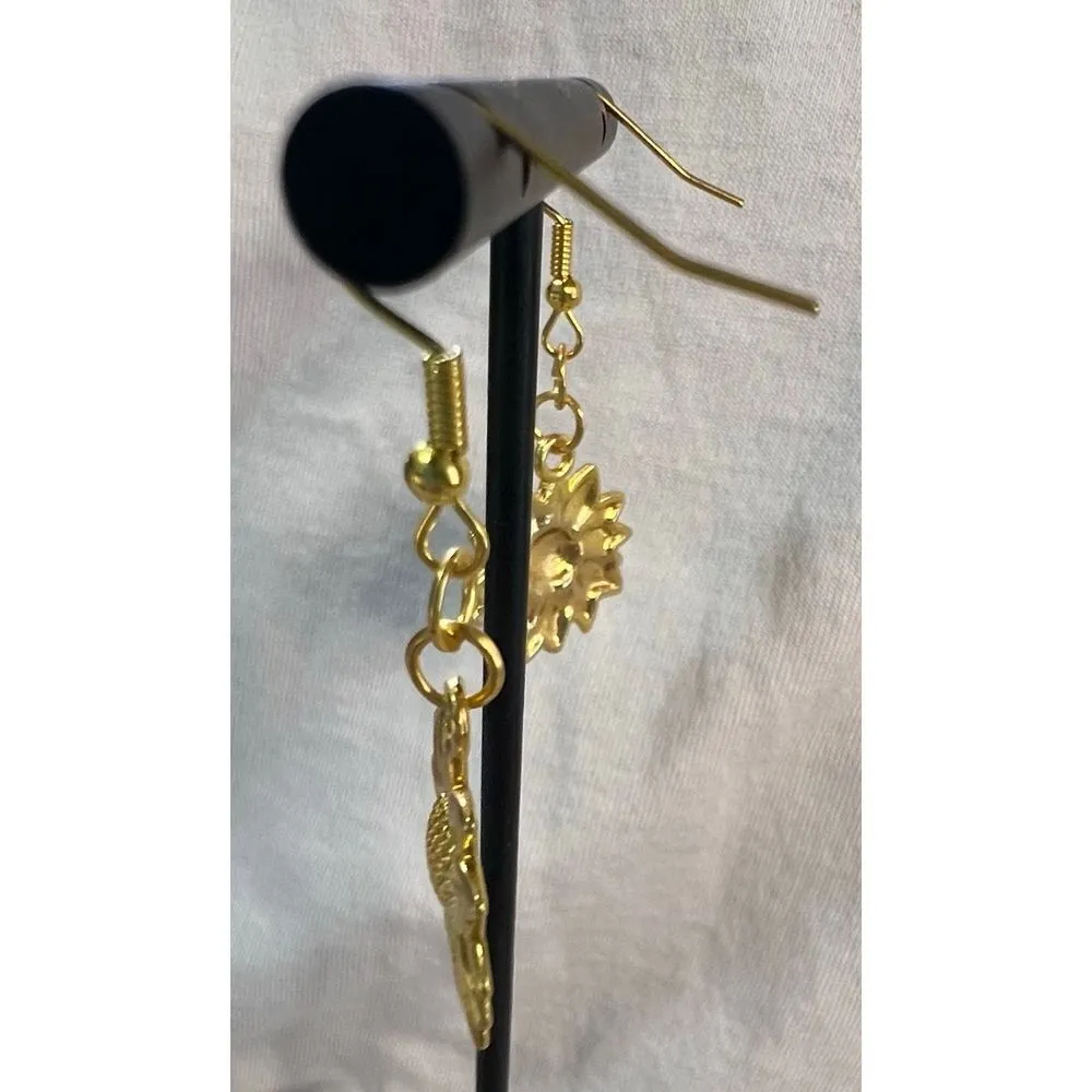 Handmade Shiny Gold Dangly Sunflower Earrings - Image 3