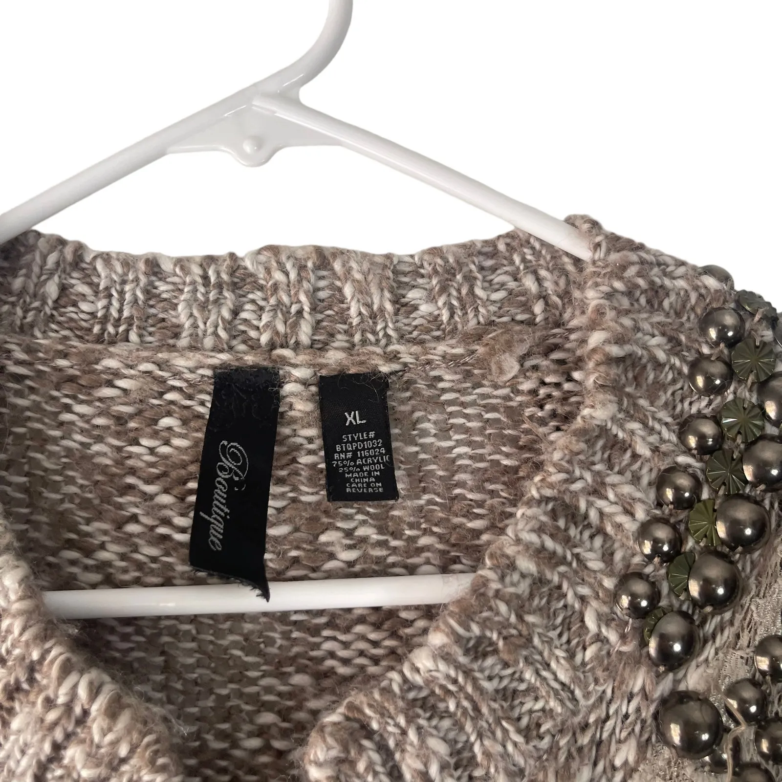 BKE Boutique Women's Size XL Brown Knit Lace Cottage‎ Western Wool Blend Sweater - Image 4