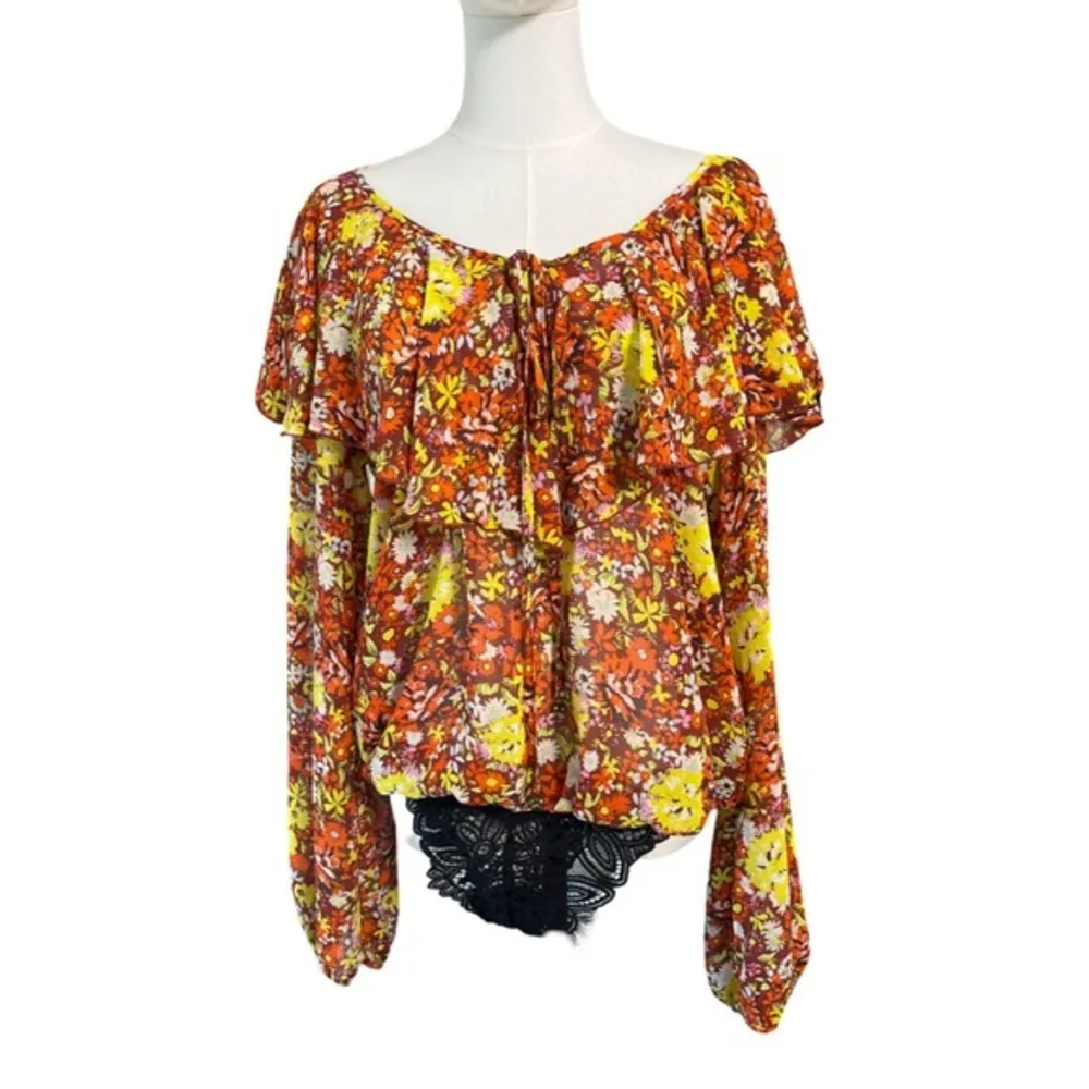 Free People Floral Ruffle Lace Bodysuit | Sheer Long Sleeve | Size Large - Image 2