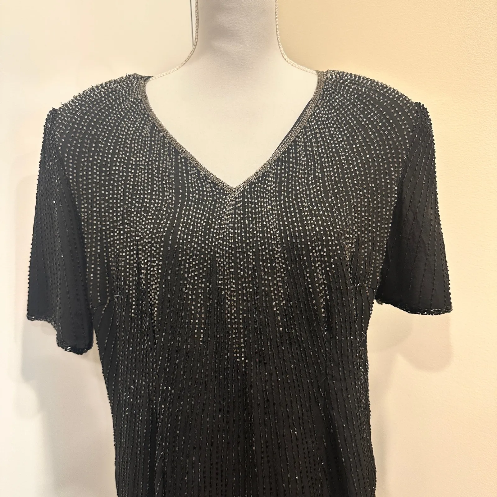 Vintage 80s Stenay Woman Black Silk Beaded Sequin Cocktail Shift Dress Art Deco Size 14 - Image 3