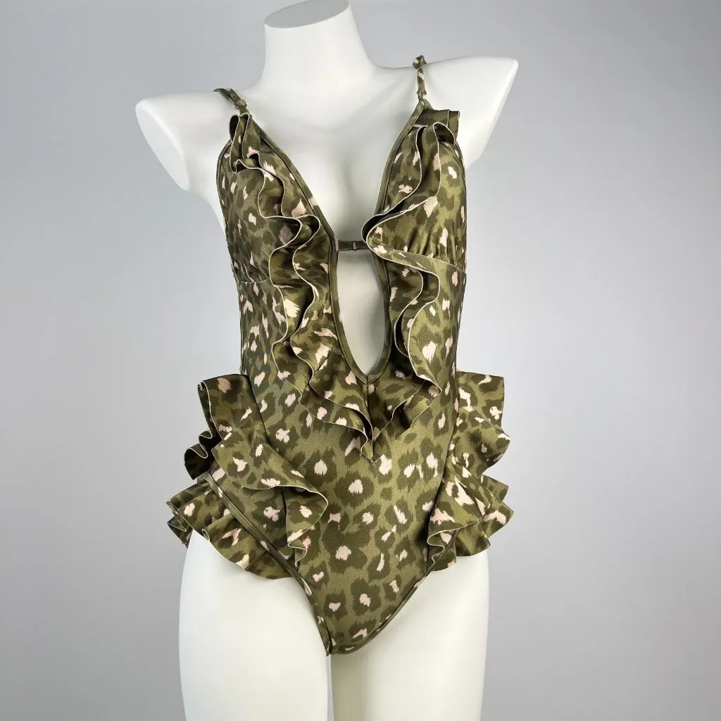 $485 NWT Zimmermann Ruffled Green Leopard Swimsuit One Piece Size 1 - Image 2