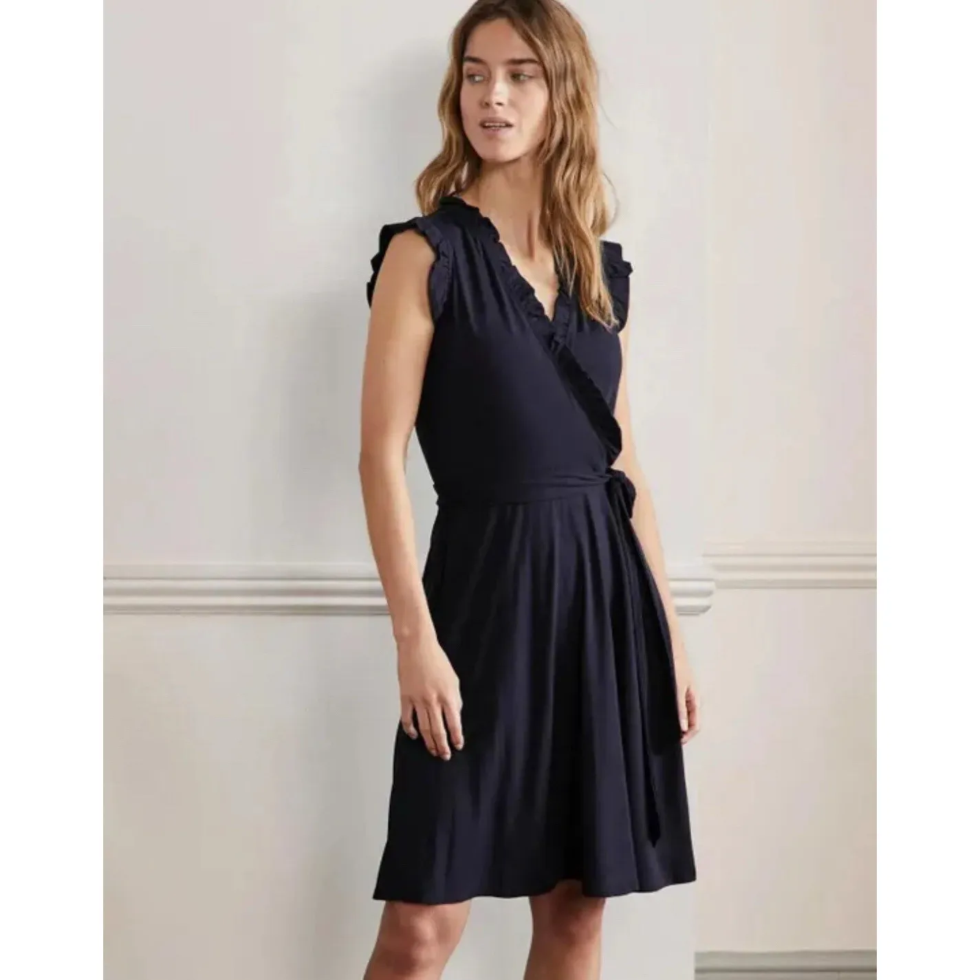 Boden Women's Sheath Ruffle Fixed Wrap Jersey Dress Navy Size 12 Casual Pockets Blue - Image 2