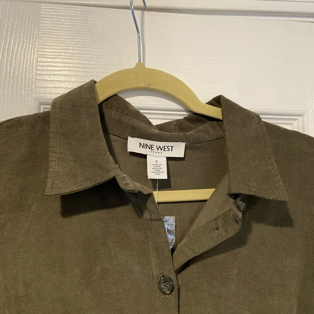 NWT Nine West Olive Green Velvet Button Front Collared Long Sleeve Mini Dress - Image 4