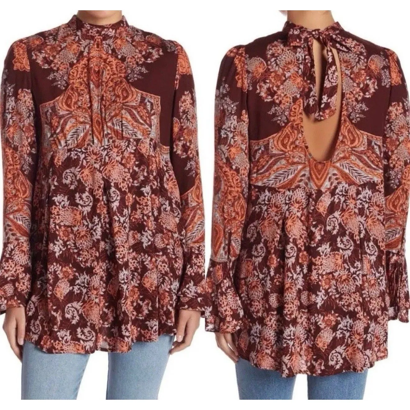 Free People Women’s XS Extra Small Luck Tunic Red Floral Paisley Boho Hippie Top - Image 2