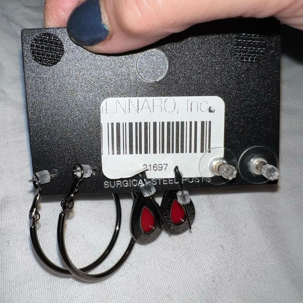 New York & Company Set of‎ Three Red and Gunmetal Earrings Silver - Image 2