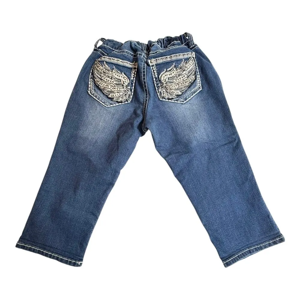 Love Indigo Denim CAPRI JEANS Women's 10P Stretch Rhinestone Angel Wing Pockets Blue - Image 3