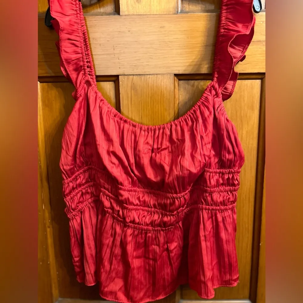 Red Anthropologie Blouse—Ruched, Smocked, Sleeveless with Ruffled Straps… - Image 3