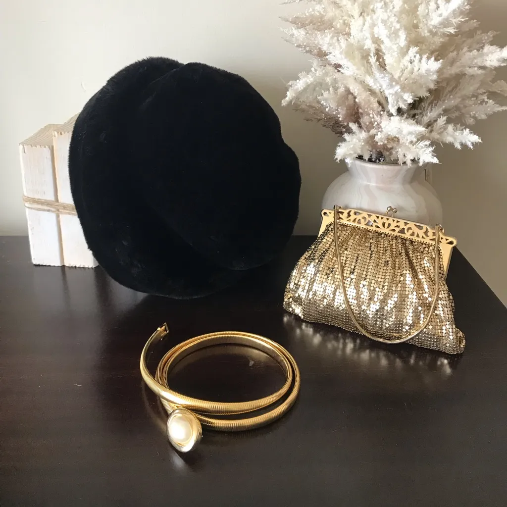 Vintage Gold Accessory Bundle, Hat, Belt, Whiting & Davis Mesh Evening Purse - Image 3