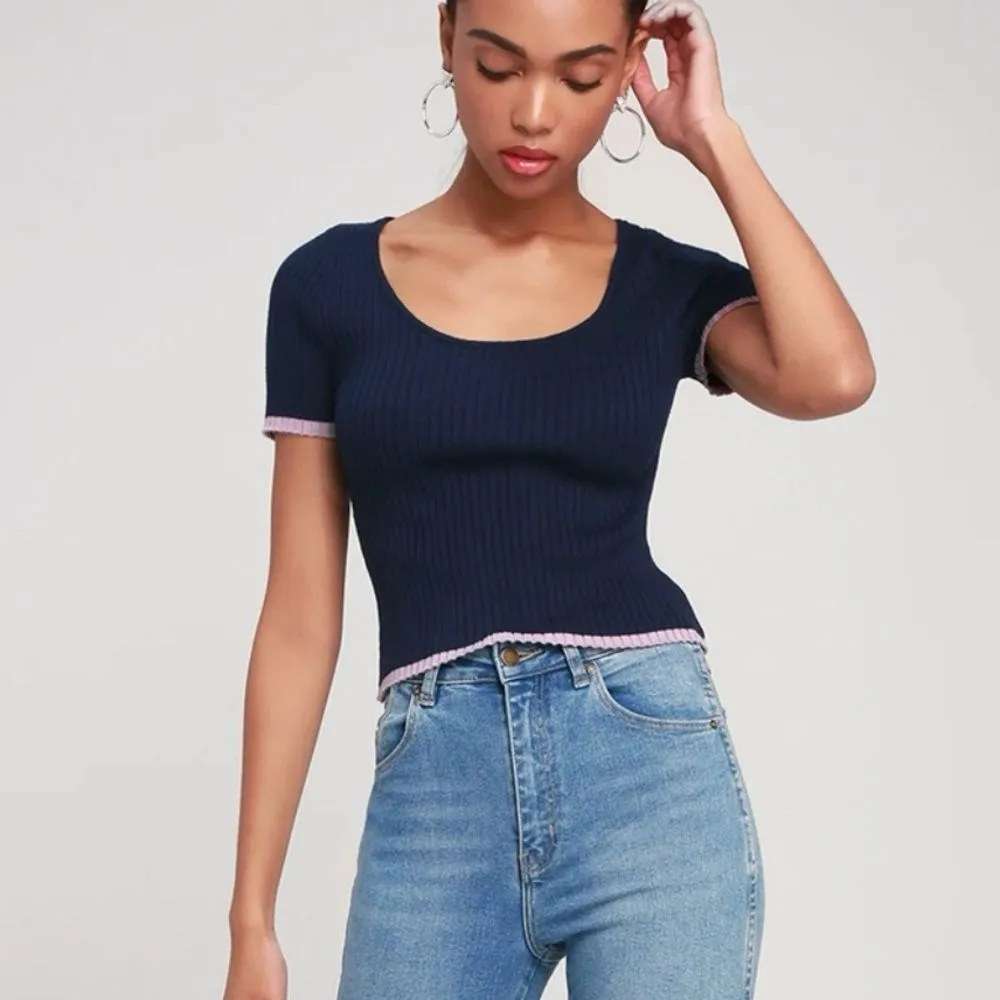 Lulus Ribbed Knit Crop Top Size S‎ Blue Baby Tee Striped Minimalist Soft Girl - Image 3