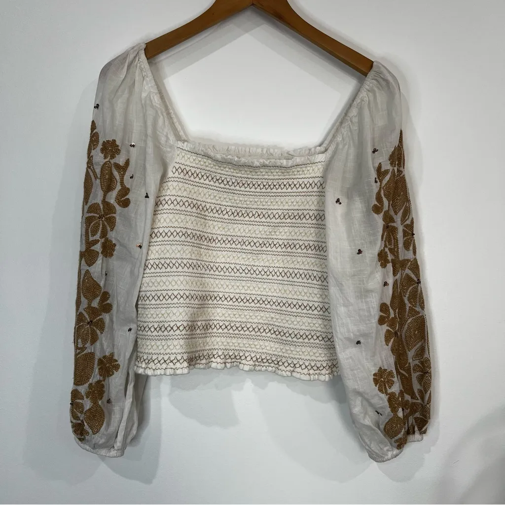 ANTHROPOLOGIE‎ Smocked Embroidered Puff Sleeve Square Neck Top Womens SIZE SMALL - Image 3