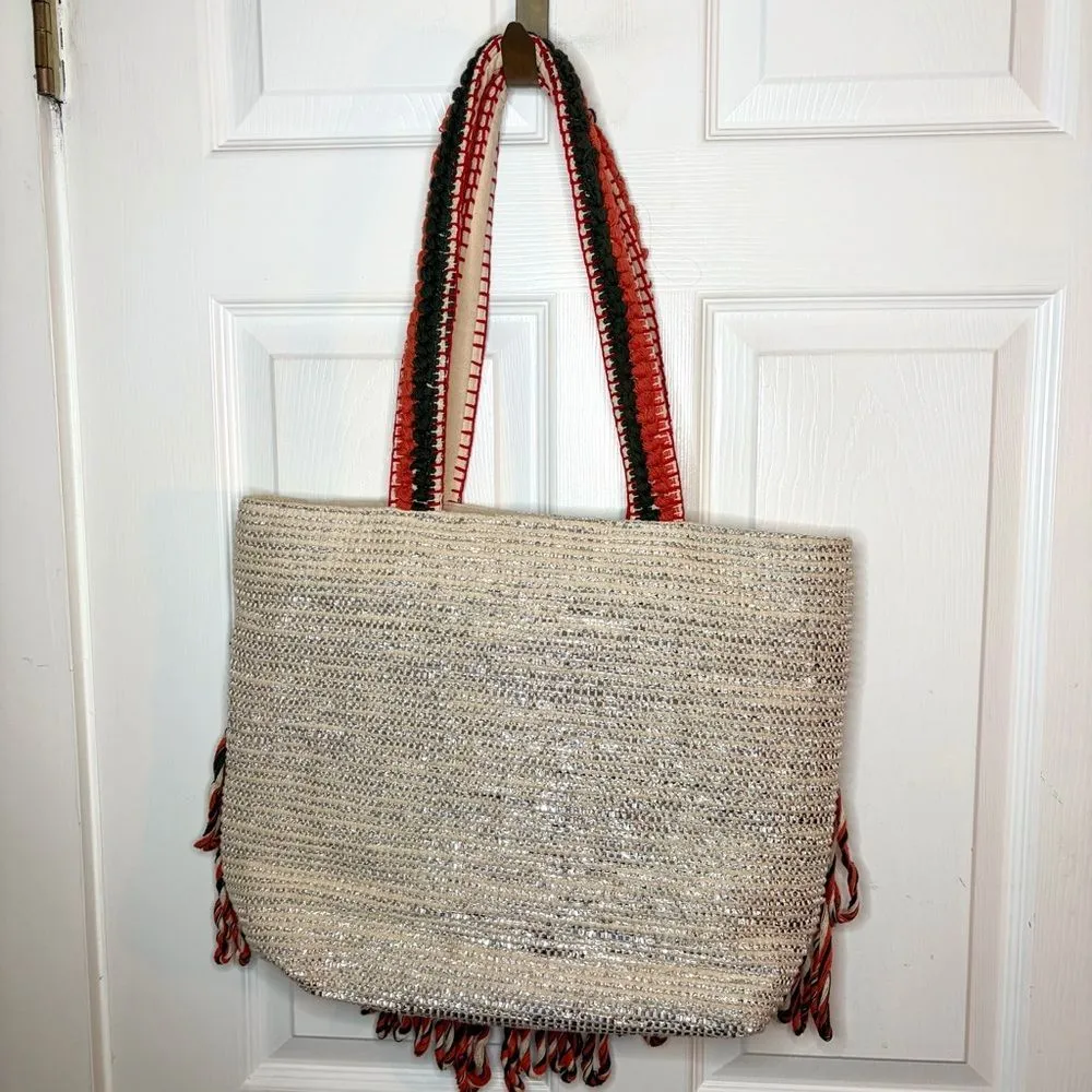 Lilla P Cotton Lurex Coral Cream Silver Metallic Stripe Crochet Beach Tote Bag L Orange - Image 6