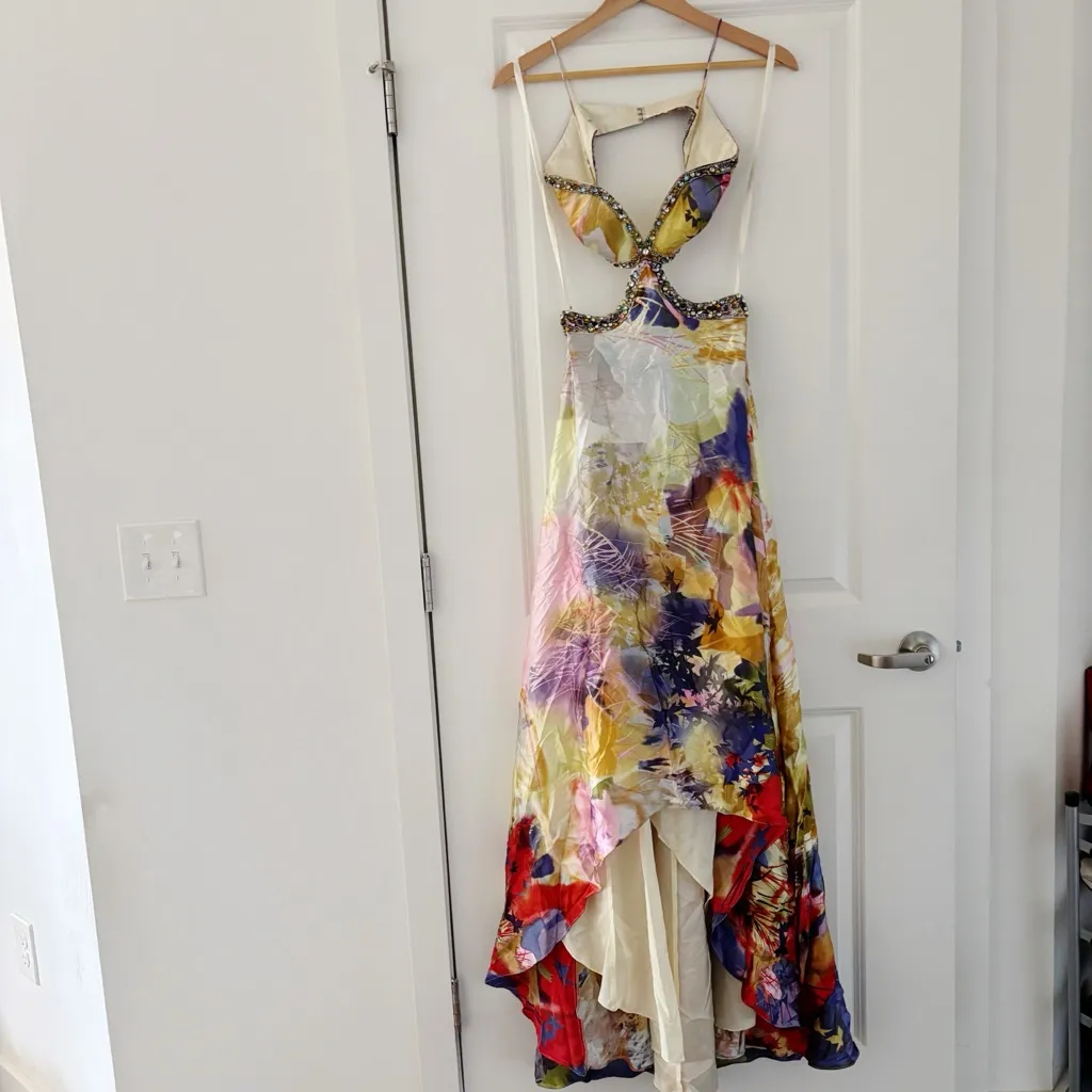 Dolce Jovani Silk Watercolor Floral Embellished Rhinestone High Low Dress Y2K - Image 4