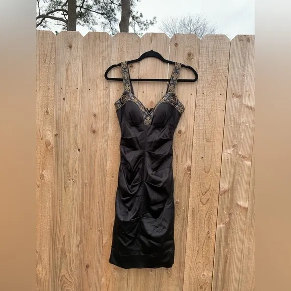 CACHE 2 Black Gold Cocktail Party‎ Body con Dress Stretch Satin Embroidered - Image 3