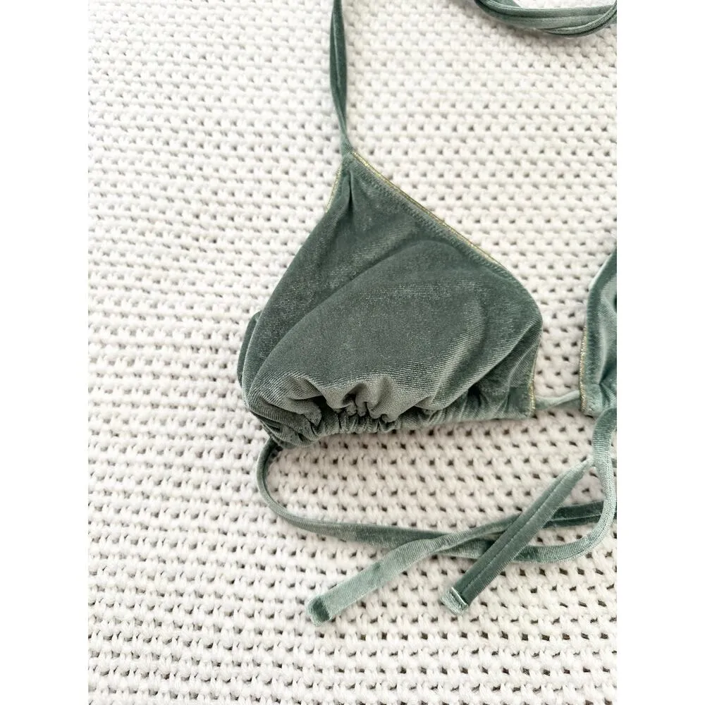 Victoria’s Secret Sage Green Velvet String Bikini Top High Cut Bottoms L/XL - Image 4