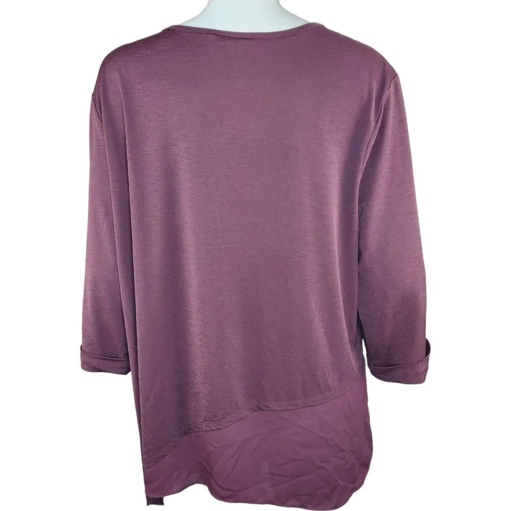 Cato Womens XL Burgundy 3/4 Length Roll Sleeve Sheer Bottom Blouse Slinky - Image 7