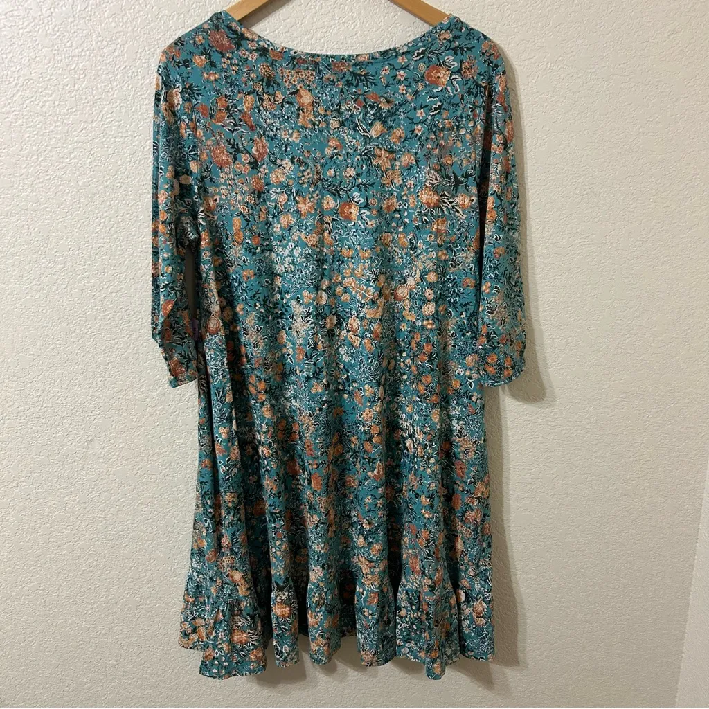 Peruvian Connection Art to Wear Floral Tunic Dress Top in Blue & Orange Sz Large - Image 5