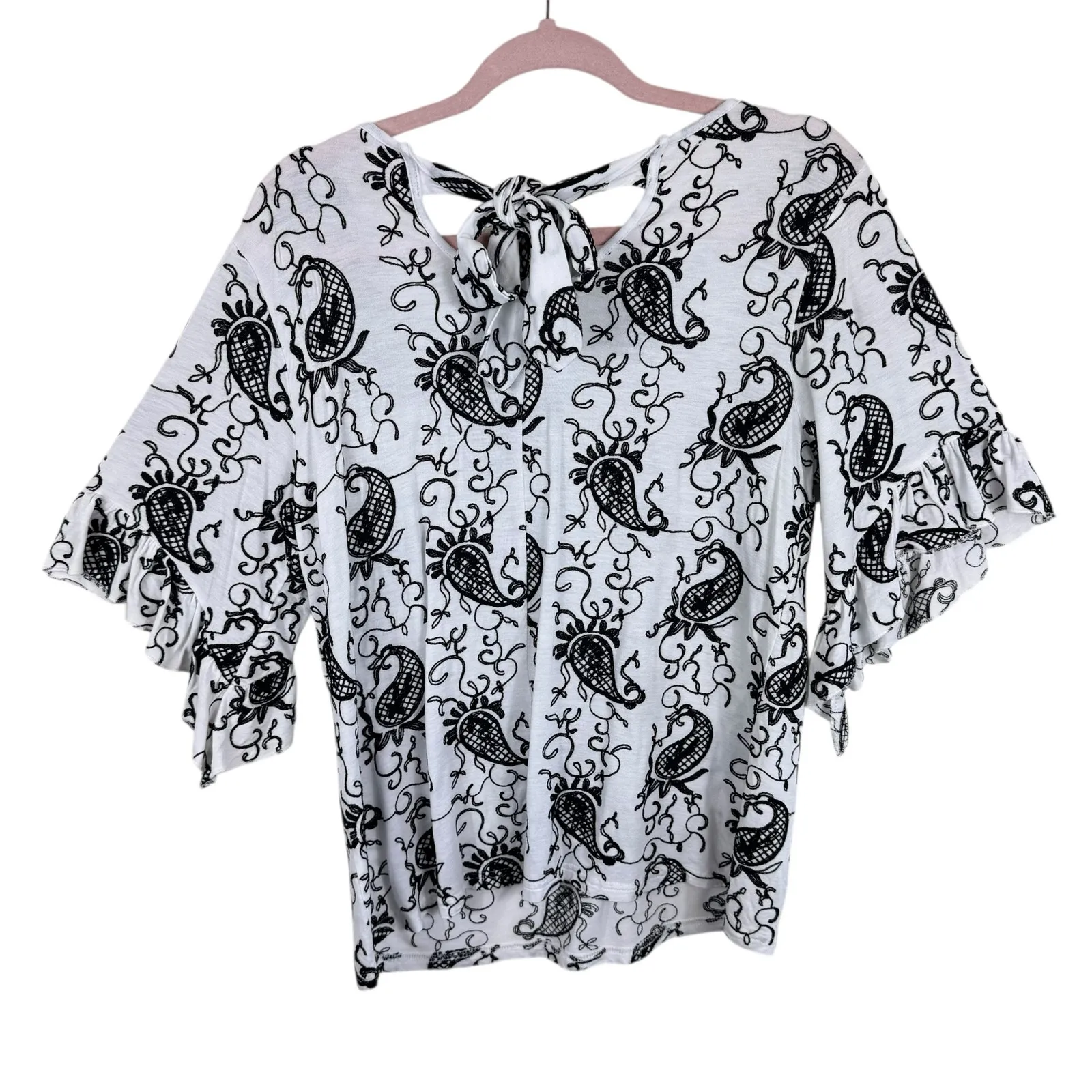 Forgotten Grace White Black Embroidered Paisley 1/2 Ruffled Sleeve Blouse Size L - Image 2