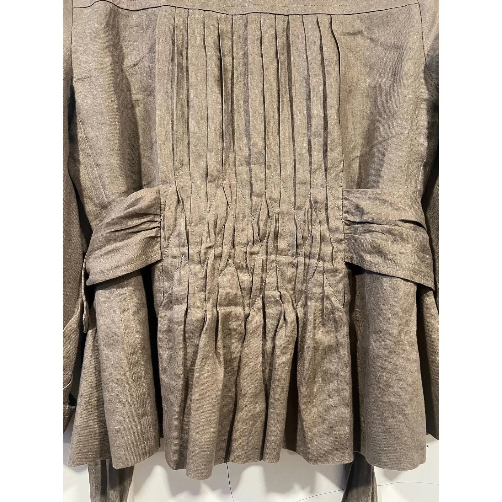 Women’s Korean Fashion Minimalist Linen Front Tie Blouse Khaki Small - Image 9