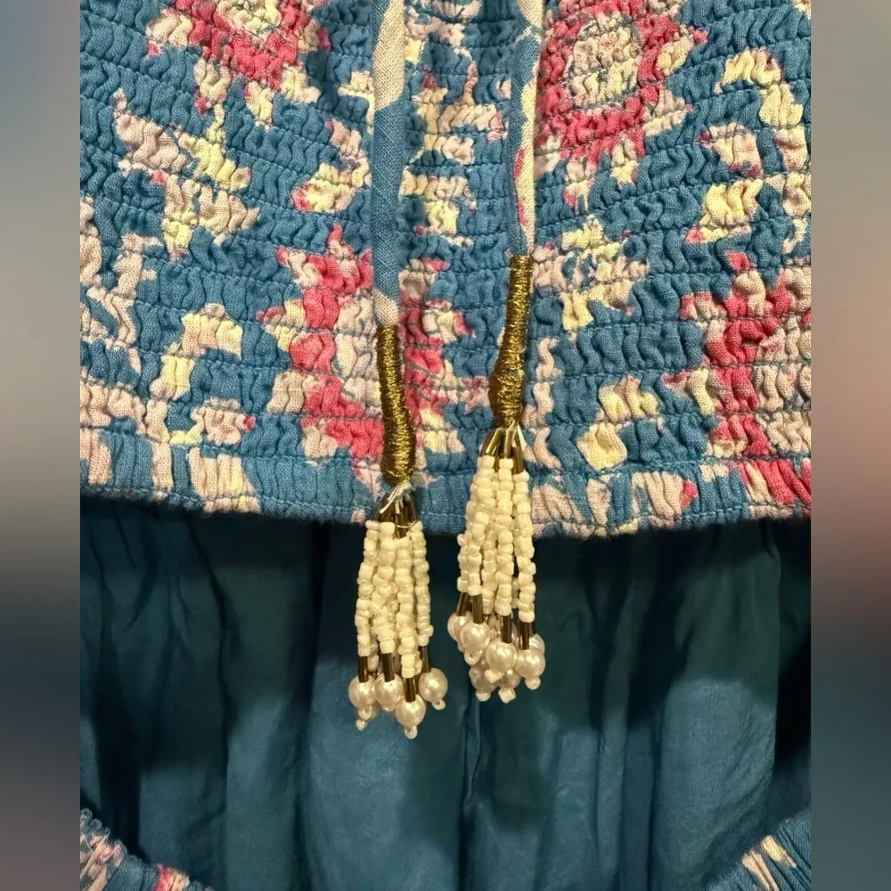 New Free People Sacha Mini Babydoll Dress Blue‎ Pink Floral Open Back Boho Small - Image 8