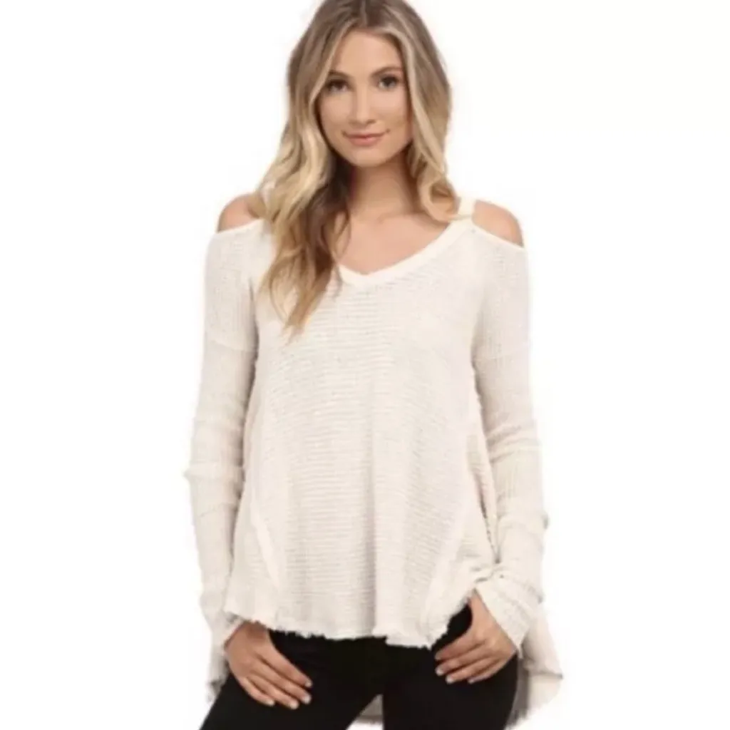 Free People Moonshine‎ Cold Shoulder Waffle Knit Cozy Sweater Top Cream Size XS - Image 4