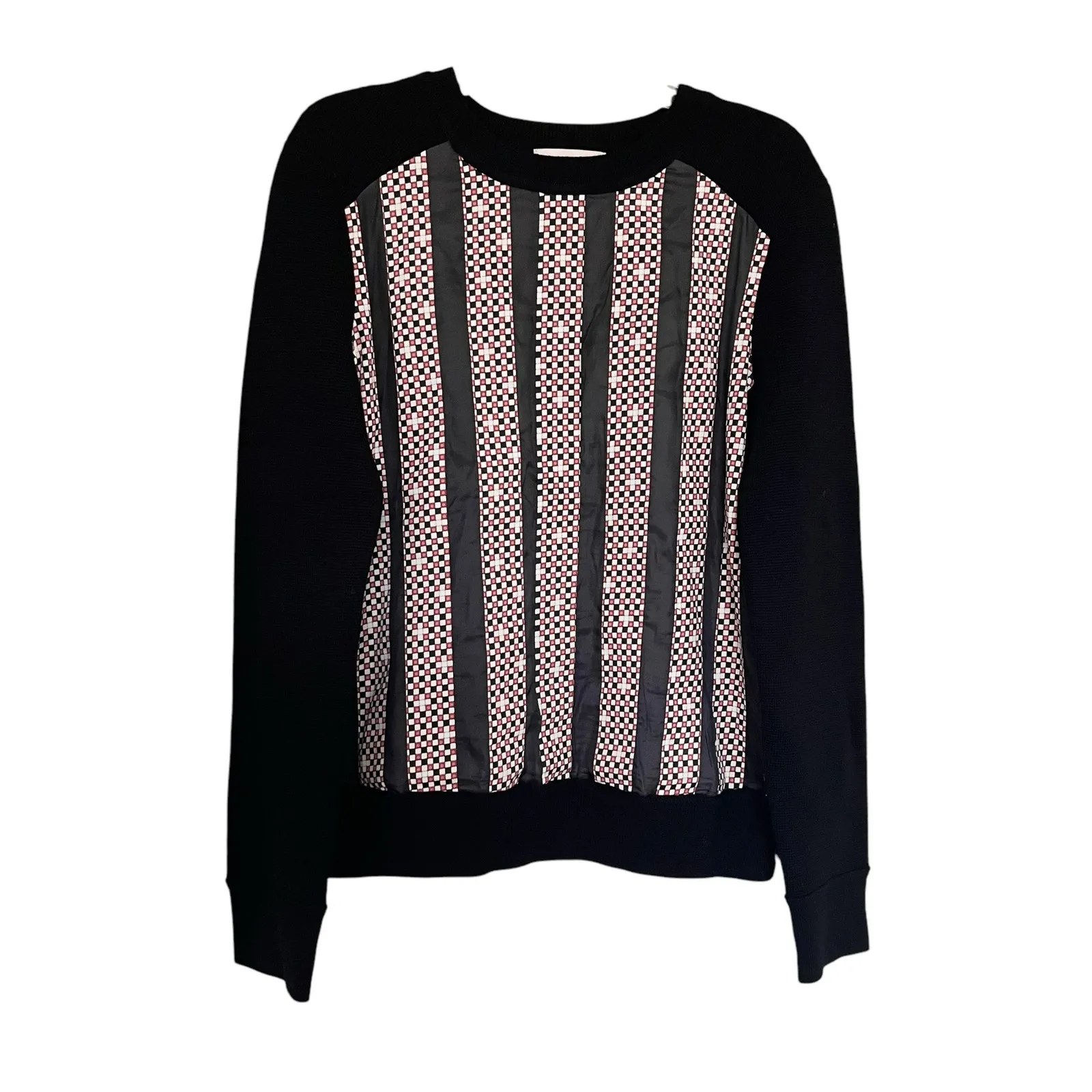 Tory Burch Black Merino Wool Geometric Striped Silk Panel Crewneck Sweater Sz XS - Image 3