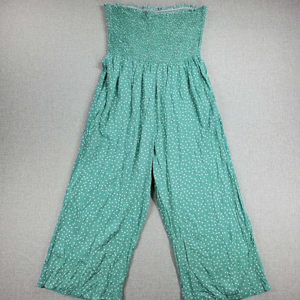 Angashion Womens Jumpsuit Large Green Polka Ruffles Strapless Smocked Wide Leg - Image 6
