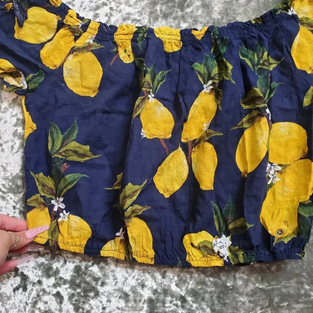 Blush Lemon Print Off The Should Crop Top - Image 2