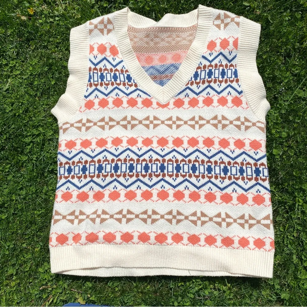 Women's Sleeveless Sweater Vest Plaid Geo Chunky Cable Knit Sweater Crop Size M - Image 7